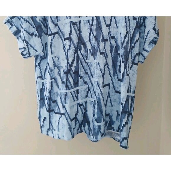 Nic+Zoe Zig Zag Twist Front Tee S/S Top Size Medium Blue Linen V Neck Work Artsy - Picture 9 of 11